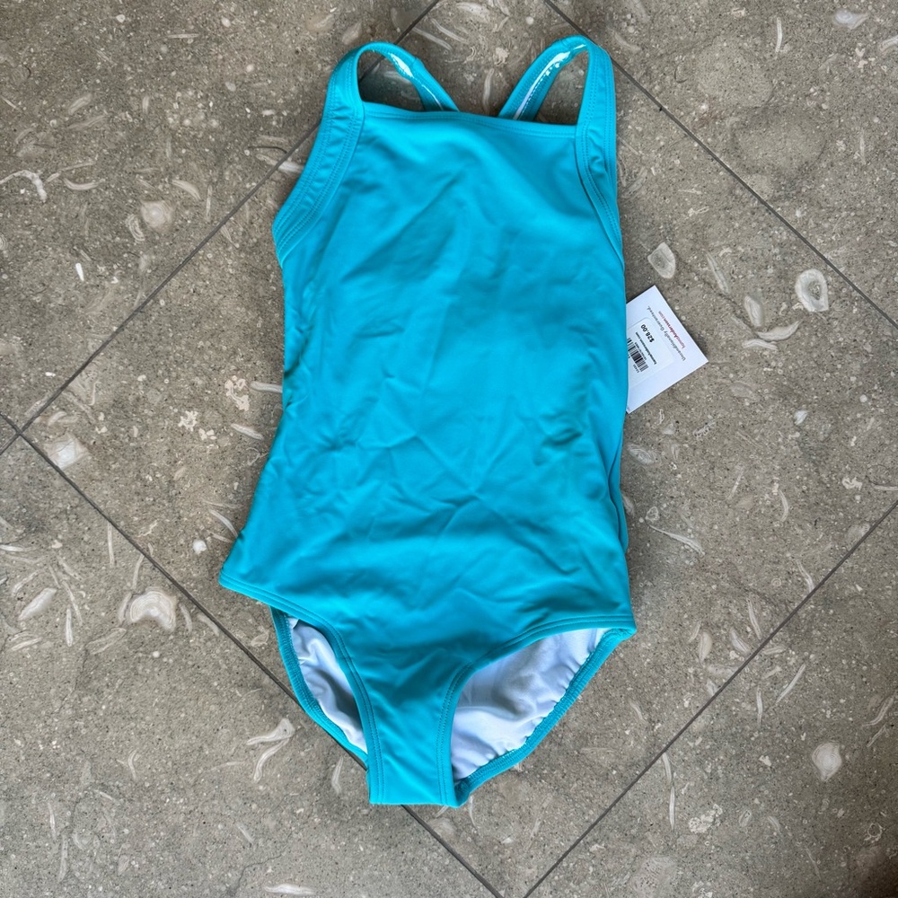 NWT size 6-7 Hanna Andersson Aqua Blue One-Piece Racerback Swimsuit